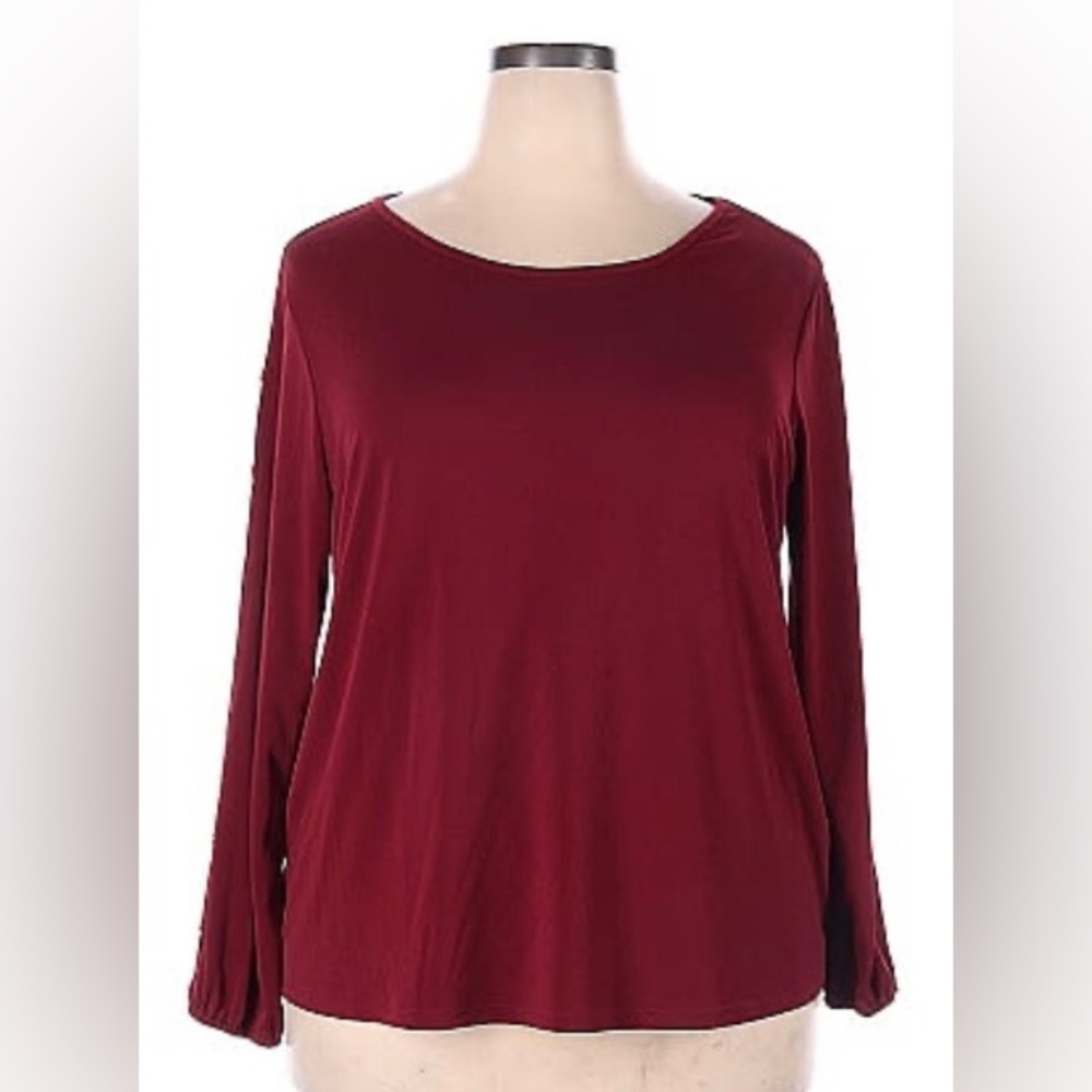 Roz & Ali burgundy long sleeve button sleeve blouse 1X